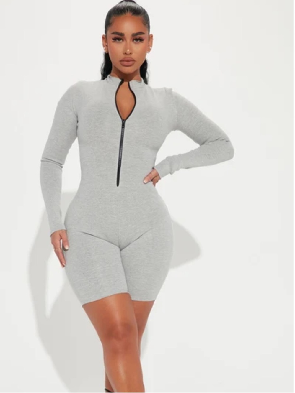 naked wardrobe Light Gray Zip-Front Long-Sleeve Romper